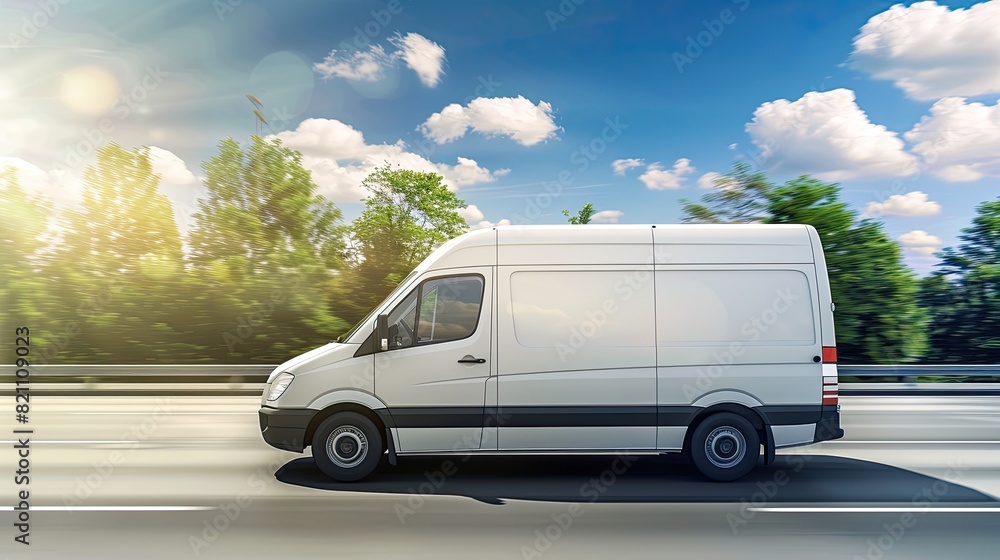 a white cargo van speeding along the highway, its motion blurred by the fast-paced journey. a white cargo van speeding along the highway, its motion blurred by the fast-paced journey.