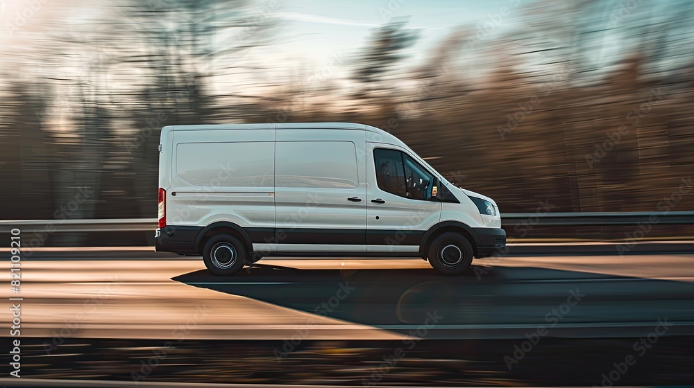 a white cargo van speeding along the highway, its motion blurred by the fast-paced journey.