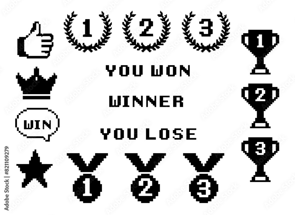8bit awards icons in pixel Y2k retro style. Winner cups, medals, trophy pixel art set and text: you won, winner, you lose. Achievement reward, first, second and third place prizes 8bit awards icons in pixel Y2k retro style. Winner cups, medals, trophy pixel art set and text: you won, winner, you lose. Achievement reward, first, second and third place prizes