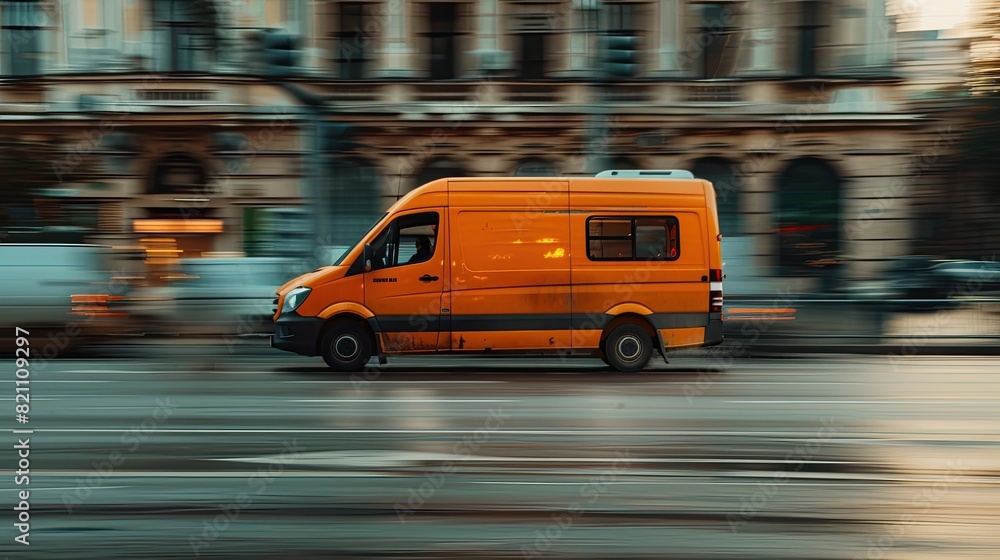 a orange cargo van speeding along the highway, its motion blurred by the fast-paced journey.