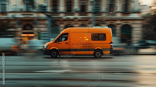 a orange cargo van speeding along the highway, its motion blurred by the fast-paced journey.