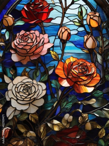 stained glass window with rose flowers