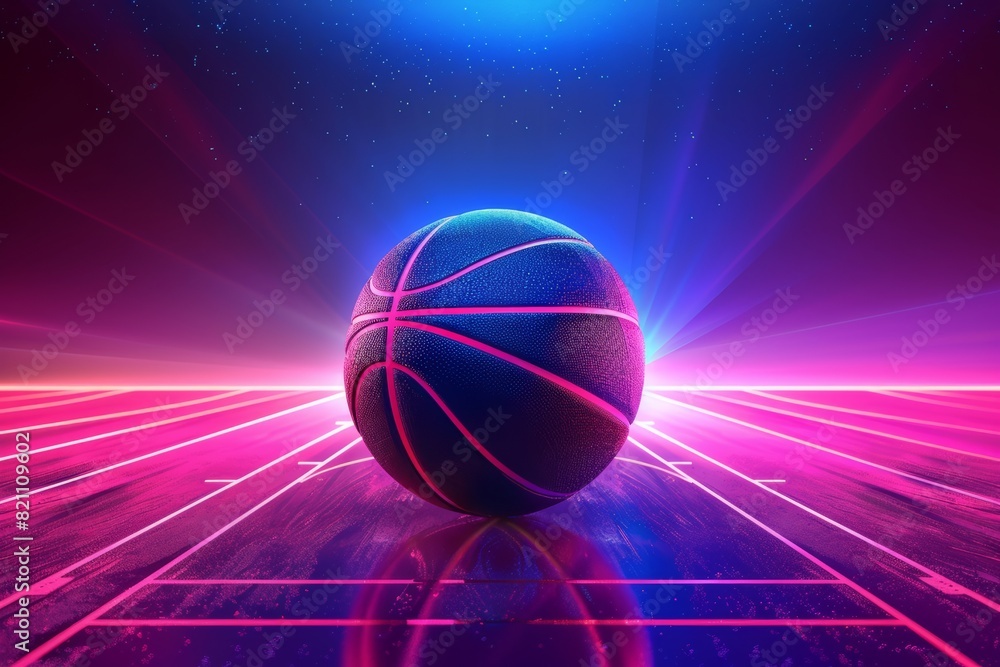 Fototapeta premium ball for a basketball game epic announcement poster with neon pink and blue light horizontal with copy space