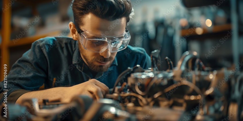 A mechanic focused on repairing engine parts with tools in a workshop, immersed in the task