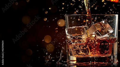 Pouring whiskey into a glass with ice. Alcoholic beverage. AI-generated
