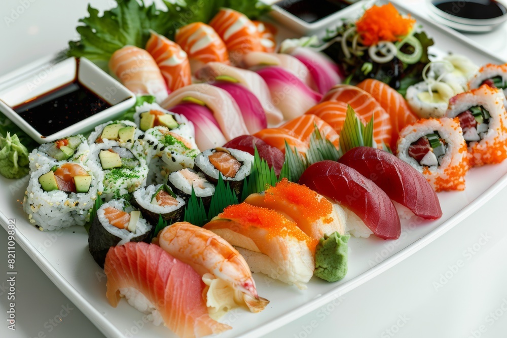 variety of sushi on platter, set of different types of sashimi, nigiri and rolls with fresh tuna, salmon and other fish and seafood variety of sushi on platter, set of different types of sashimi, nigiri and rolls with fresh tuna, salmon and other fish and seafood