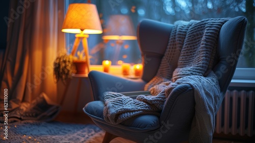 A cozy living room setting with a comfortable armchair, soft blanket, and warm lighting, inviting viewers to imagine themselves settling in for a relaxing evening of reading or wat photo