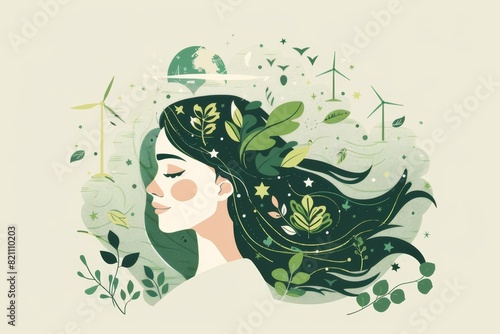 illustration of woman in harmony with nature, green energy concept. Sustainable eco practices and environment friendly business. Save the planet. photo