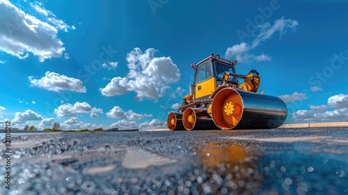 a vibrating roller machine compacting freshly laid asphalt on a sun-drenched day  against a backdrop of a clear blue sky and fluffy white clouds.