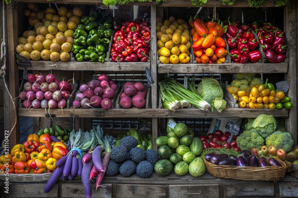 colorful display of vegetable son wooden shelves of eco rustic farm market shop colorful display of vegetable son wooden shelves of eco rustic farm market shop