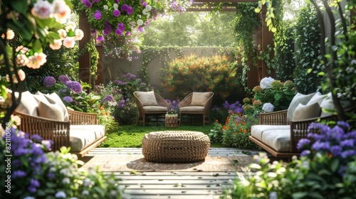 A peaceful garden patio with comfortable outdoor furniture surrounded by blooming flowers and greenery, offering a secluded retreat for relaxation and contemplation.