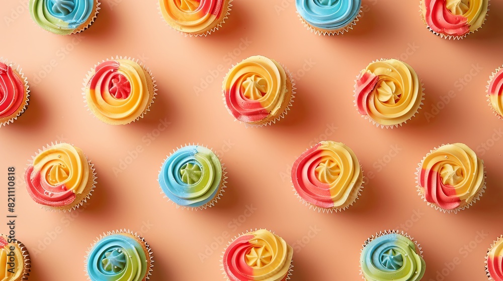 A pattern of colorful cupcakes laid out in an orderly grid on a peach background A pattern of colorful cupcakes laid out in an orderly grid on a peach background
