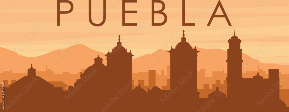 Brown panoramic city skyline poster with misty background buildings, sunrise, clouds and mountains of PUEBLA, MEXICO Brown panoramic city skyline poster with misty background buildings, sunrise, clouds and mountains of PUEBLA, MEXICO
