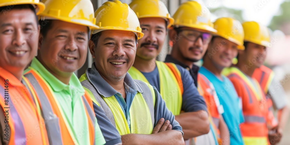 A diverse group of male construction workers in safety gear poses for a photo A diverse group of male construction workers in safety gear poses for a photo