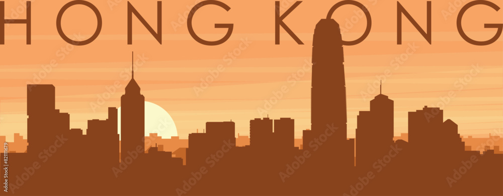 Brown panoramic city skyline poster with misty background buildings, sunrise, clouds and mountains of HONG KONG, CHINA Brown panoramic city skyline poster with misty background buildings, sunrise, clouds and mountains of HONG KONG, CHINA