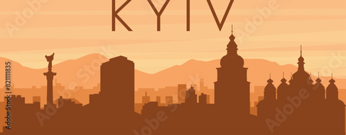 Brown panoramic city skyline poster with misty background buildings, sunrise, clouds and mountains of KYIV, UKRAINE