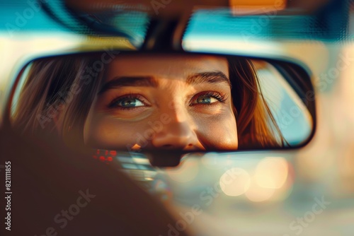 face of young beautiful woman with blue eyes smiling reflected in rear view mirror of a car taxi or car sharing