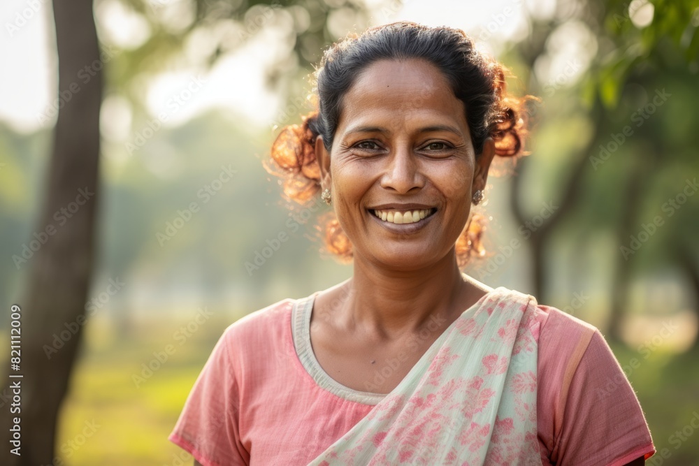 Portrait of a grinning indian woman in her 40s smiling at the camera in front of solid pastel color wall Portrait of a grinning indian woman in her 40s smiling at the camera in front of solid pastel color wall