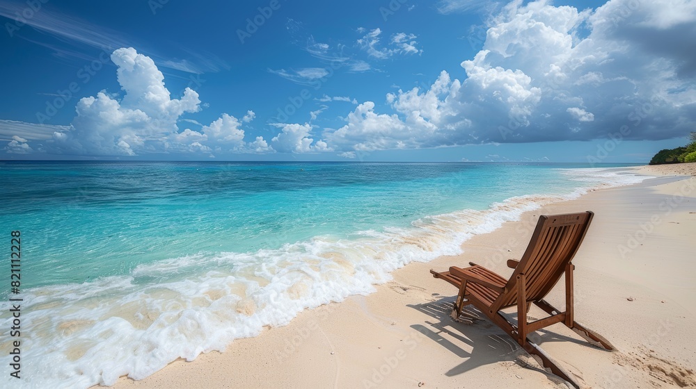 Fototapeta premium A secluded beach with powdery white sand and clear blue waters, with a single lounge chair facing the ocean, inviting relaxation and serenity by the sea.