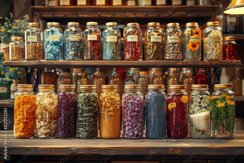 Authentic Chinese medicine apothecary features beautifully arranged jars stocked with herbs, spices, and plants Authentic Chinese medicine apothecary features beautifully arranged jars stocked with herbs, spices, and plants