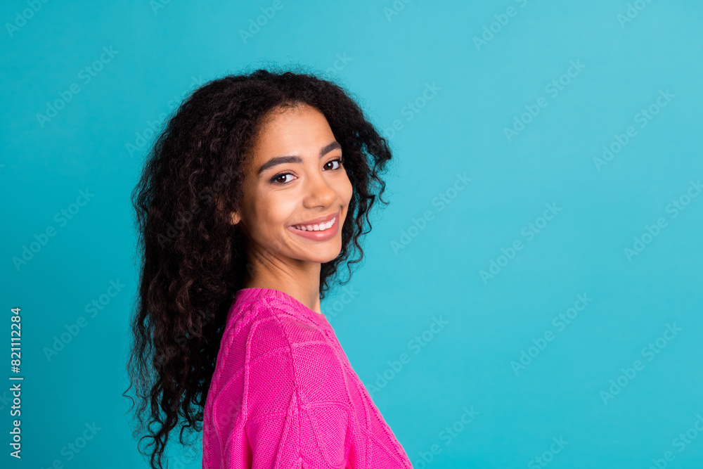 Fototapeta premium Profile photo of lovely young girl empty space wear pink pullover isolated on teal color background