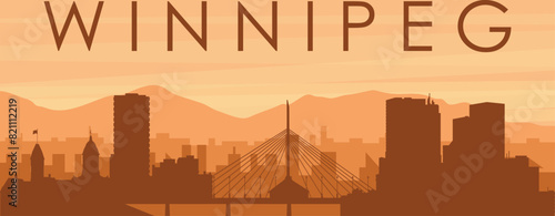 Brown panoramic city skyline poster with misty background buildings, sunrise, clouds and mountains of WINNIPEG, CANADA