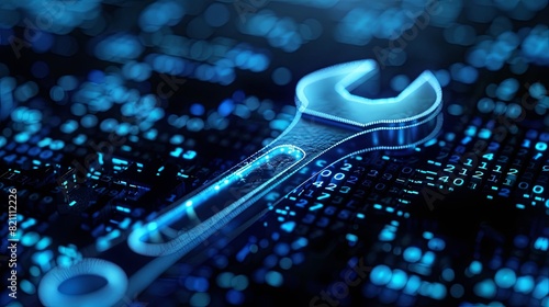 Blue digital wrench spanner with glowing binary code: AI in maintenance management systems, predictive maintenance algorithms, equipment diagnostics, and remote repair assistance.