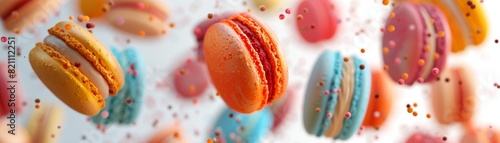Colorful macarons falling down on white surface with sugar sprinkles.