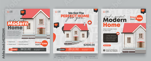 Real estate social media post banner template. Modern Social Media banner template. Set of editable real estate house sale and home rent advertising geometric modern square banner.
