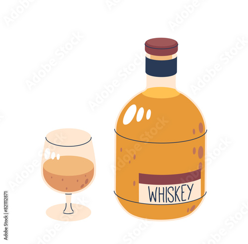 Whiskey Bottle Next To A Filled Glass Isolated On White Background. Cartoon Vector Illustration For Bar, Casual Drinking