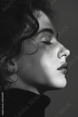 Black and white portrait of a beautiful woman. Profile.