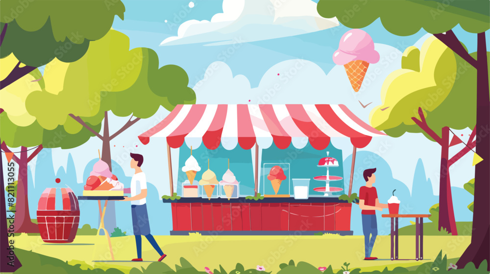 Buying ice-cream at outdoor stall in park. Vendor selling