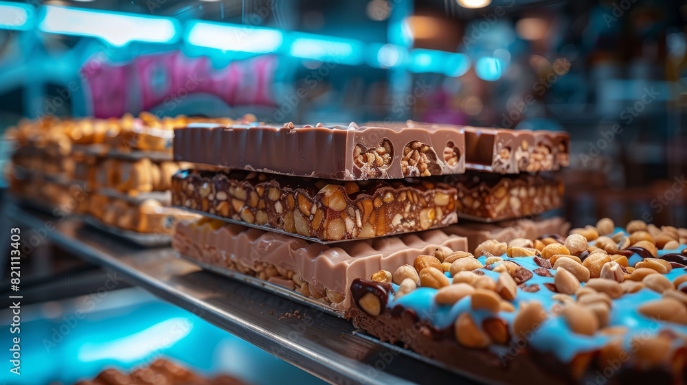 Assorted chocolate bars with nuts on a display shelf in a shop