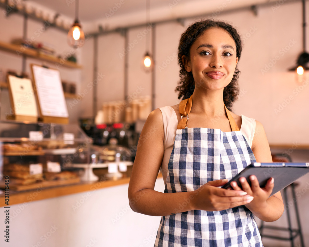 Portrait Of Woman Using Digital Tablet Wearing Apron Working In Coffee Shop Or Cafe Portrait Of Woman Using Digital Tablet Wearing Apron Working In Coffee Shop Or Cafe