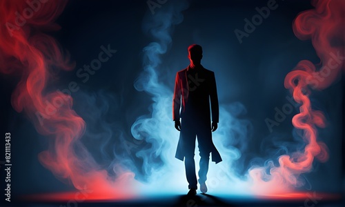 Silhouette shadow of man standing in mysterious smoke with red and blue light. illustration vector. Generative AI