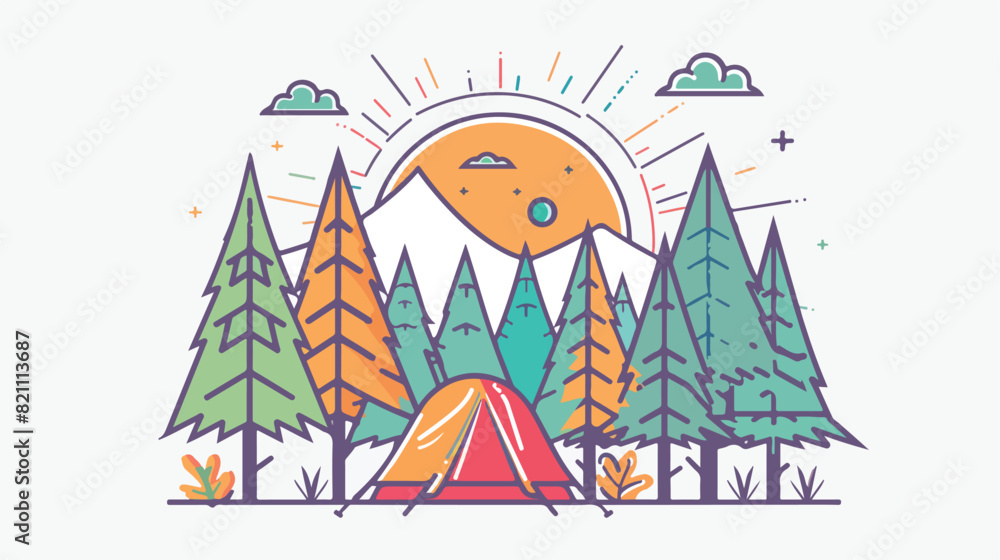 Camping tent in pine woods outline illustration. Color