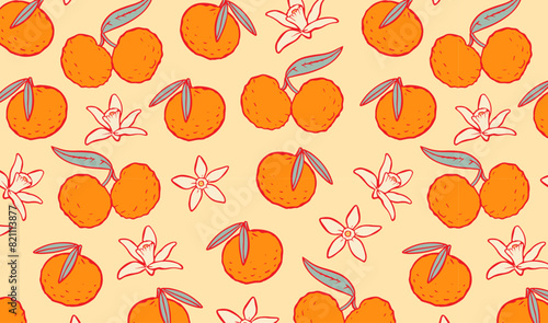 Tangerine fruit seamless pattern with whole, halved, and flowers on yellow background. Asian cuisine and natural ingredient concept. 