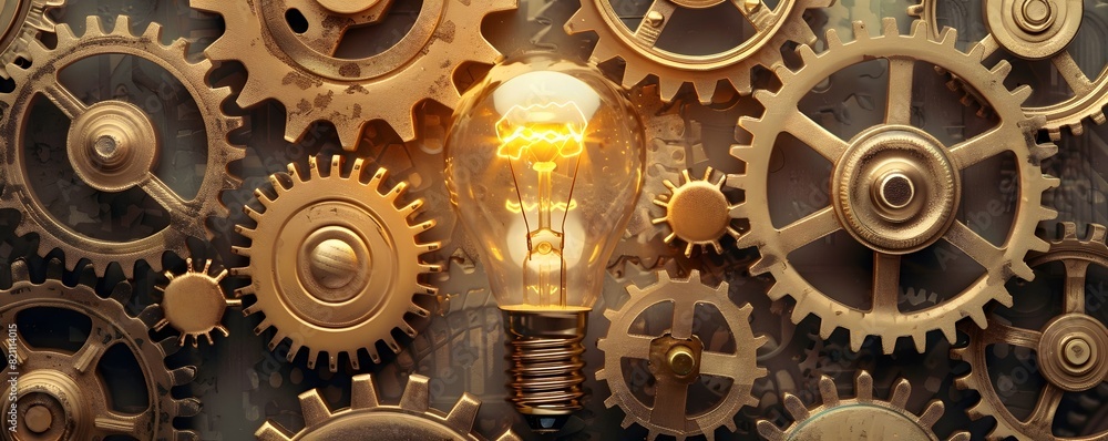 Light Bulb Surrounded by Gears Symbolizing the Workings of the Creative Mind Light Bulb Surrounded by Gears Symbolizing the Workings of the Creative Mind