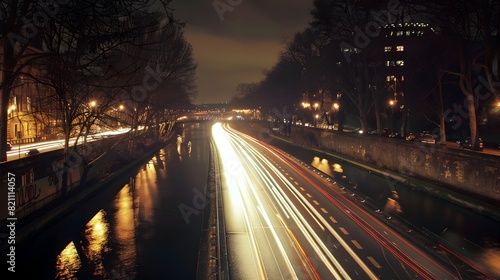 Blurred Cityscape with Illuminated Roads and Trails at Night