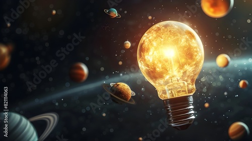 Illuminating Cosmic Experiences Light Bulb Sun Guiding Orbiting Planetary Spheres