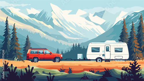 Car towing caravan trailer or camper against mountain