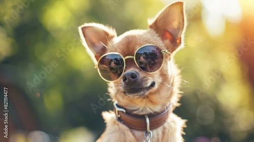 A small chihuahua dog sitting with sunglasses on its face.