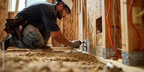 An electrician works on wiring and installing an electrical socket within a residential construction site
