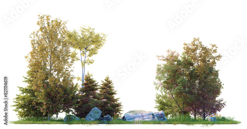 tree group and small forest PNG file 100 percent transparent for drag and drop, 3d illustration rendering photo