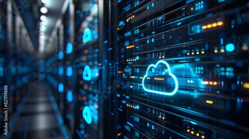 A modern data center with glowing blue lights and a cloud computing icon, representing network infrastructure and digital technology.