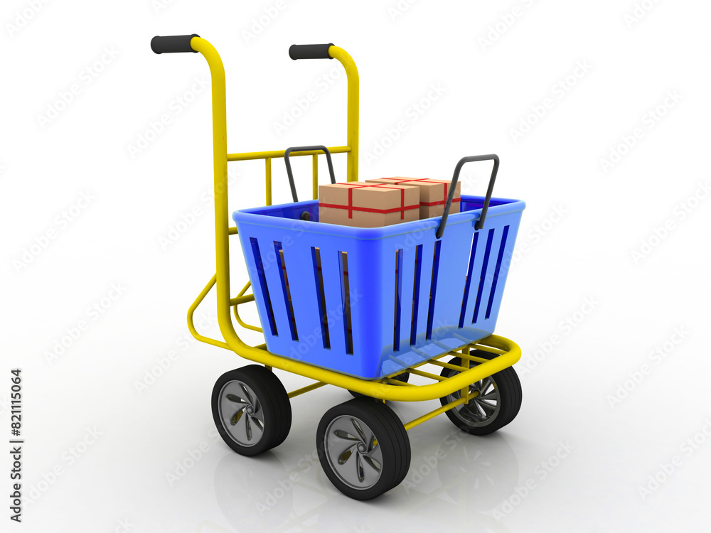 3d rendering Cardboard boxes on basket around trolley 3d rendering Cardboard boxes on basket around trolley
