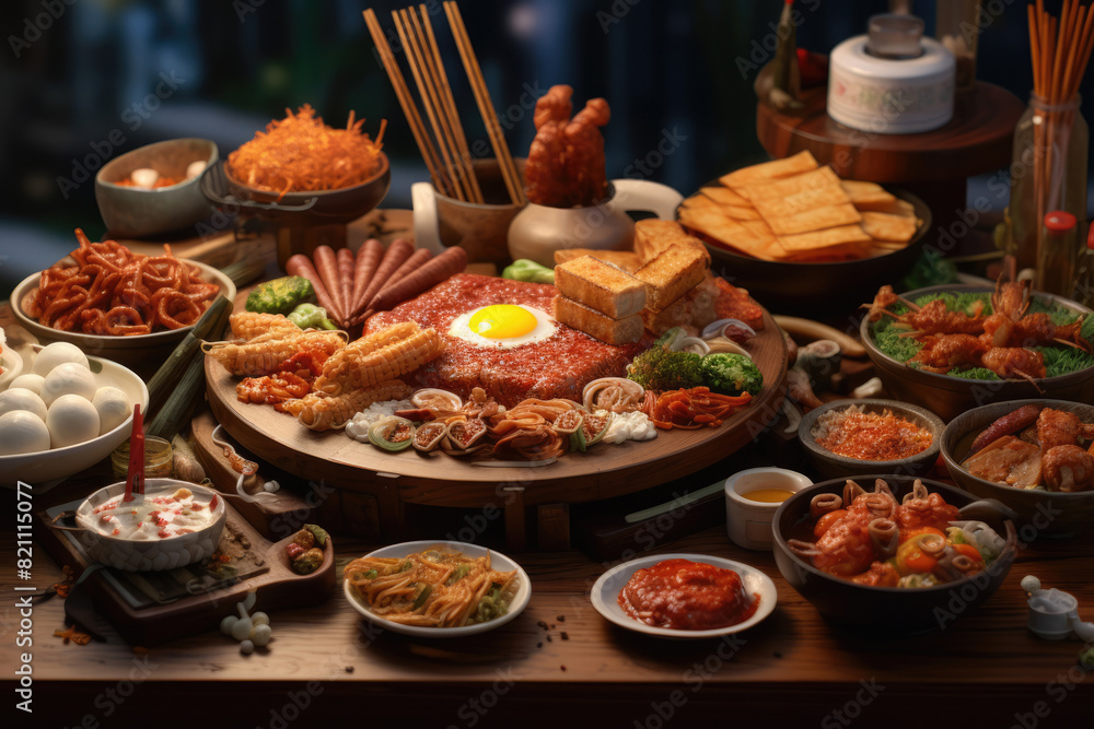 Korean street food assortment with egg, sausages, and various snacks on table