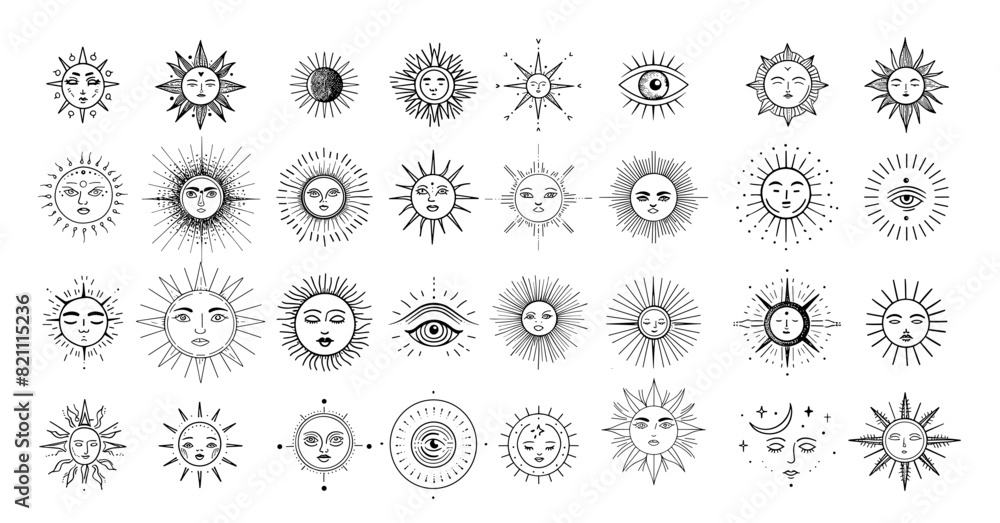 Alchemical icons ink sketch vector set. Sun moon face eye boho ray lines crescent solar signs black monochrome symbols, isolated on white background