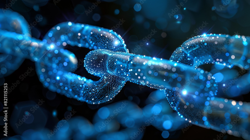 Close-up of a glowing digital chain with sparkles and blue hues. Close-up of a glowing digital chain with sparkles and blue hues.