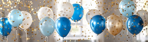 Light blue and gold balloons with stars and confetti.